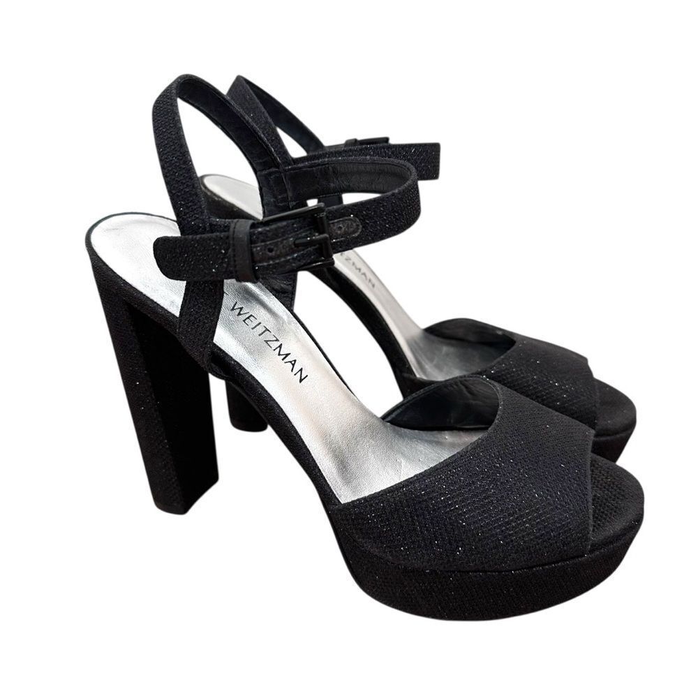 Stuart Weitzman Black Glitter Sashay Platform Sandals Size 7.5
